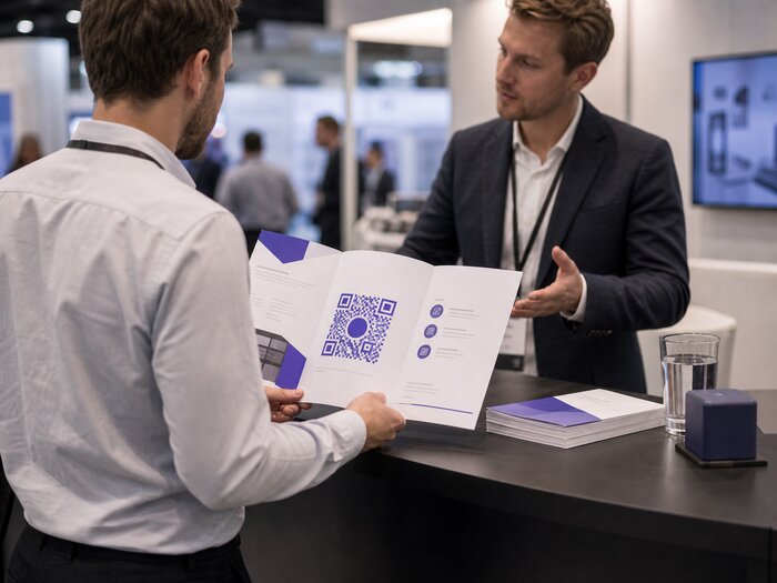 vCard-QR-Code im Messe- und Event-Einsatz: Aussteller zeigt Broschüre mit QR-Code für schnelles Networking
