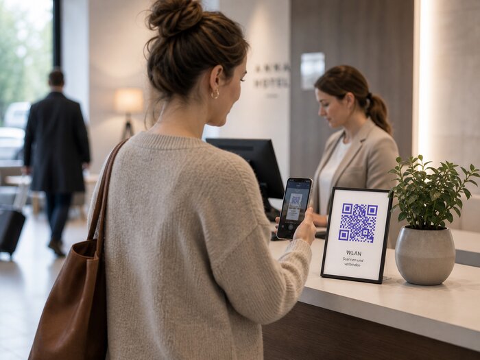 WLAN-QR-Code an der Hotel-Rezeption: Gast scannt mit dem Smartphone und ist sofort im WLAN verbunden